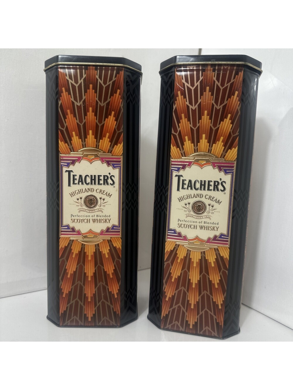 Vtg Pair Teachers Highland Cream Scotch Whisky Tin Canisters Art Deco Octagon